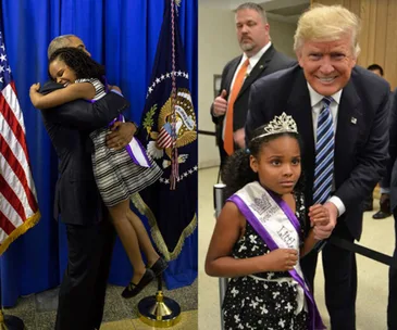 A little girl hugs Obama joyfully; with Trump, she appears nervous and holds his hand, wearing a tiara and sash.