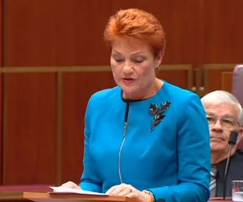 Politician in blue outfit speaking at a podium in a formal setting.