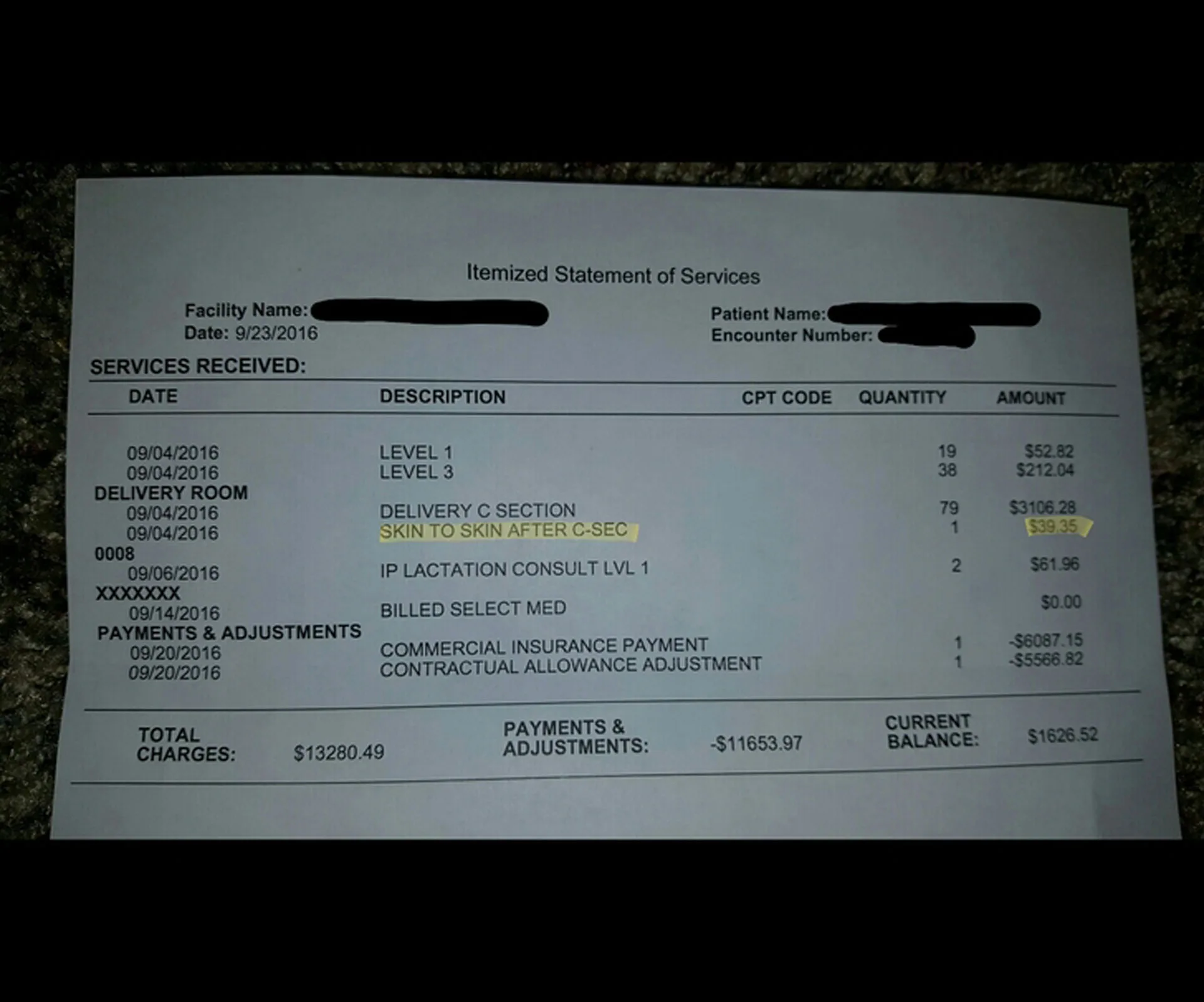 Hospital bill detailing charges, including $39.35 for "skin to skin" contact after C-section on 09/04/2016.
