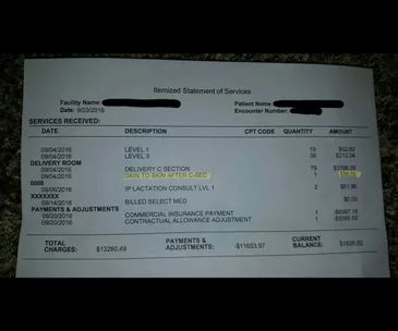 Hospital bill detailing charges, including $39.35 for "skin to skin" contact after C-section on 09/04/2016.