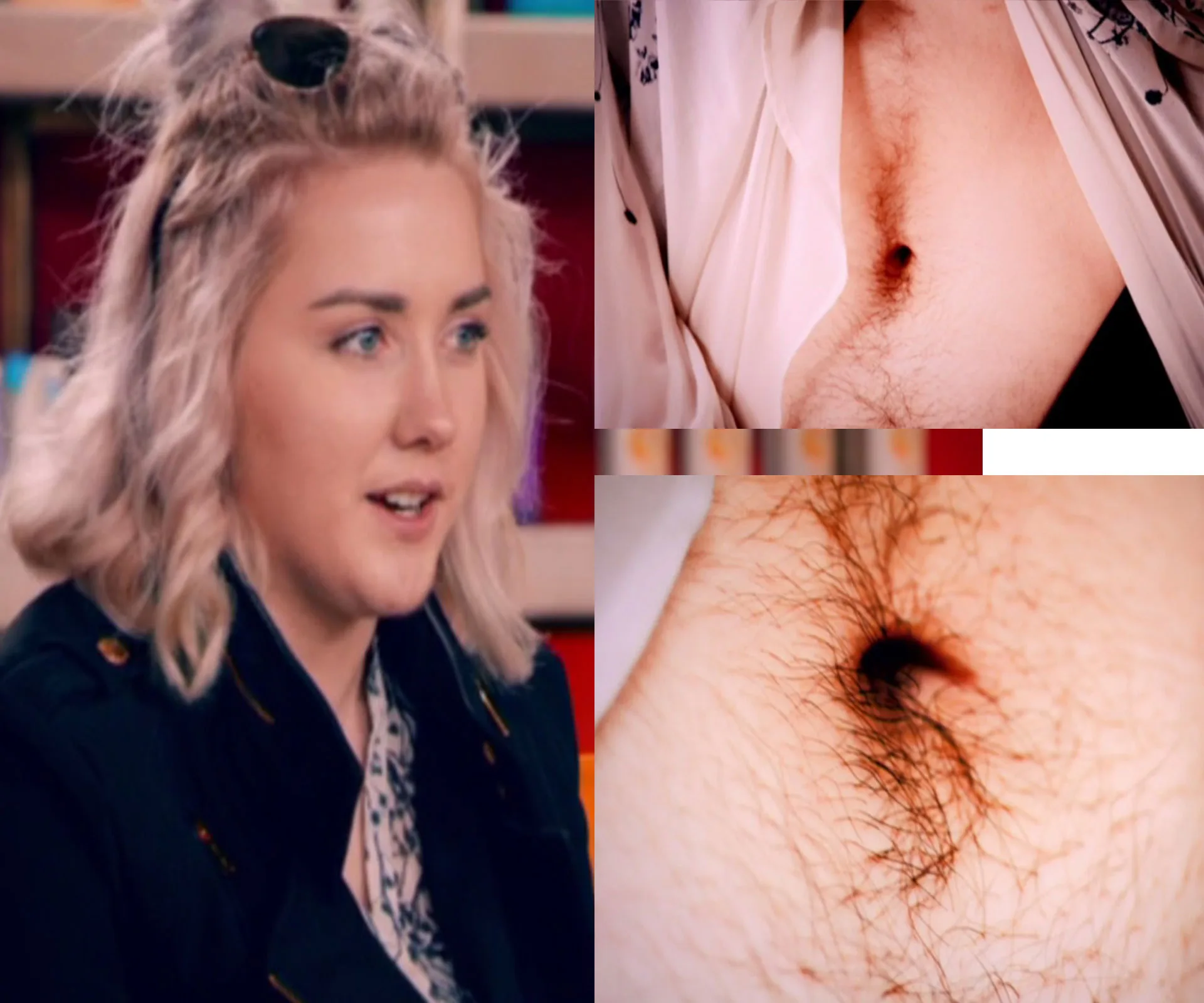 A woman with blonde hair and sunglasses on head, and close-ups of thick stomach hair.