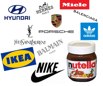 Logos of brands: Hyundai, Hermès, Miele, Balenciaga, Porsche, Adidas, Saint Laurent, IKEA, Balmain, Nike, and a Nutella jar.