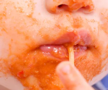 Close-up of a child's mouth with orange food smeared around the lips and a finger near the mouth.