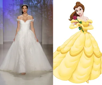 Model in Belle-inspired Disney wedding gown; Belle from "Beauty and the Beast" holding a rose.