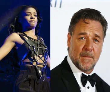 Side-by-side images of two individuals, one in a harness outfit on stage, the other wearing a tuxedo at an event.