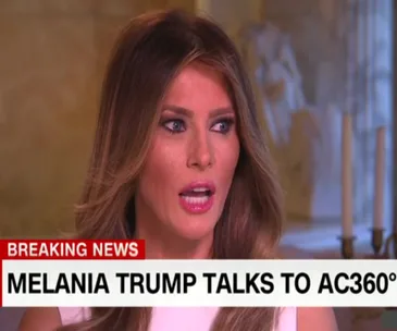 Melania Trump discussing a topic in an interview on AC360°, with "Breaking News" banner on screen.