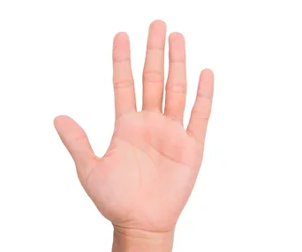 An open human palm facing the viewer, with fingers spread apart on a white background.