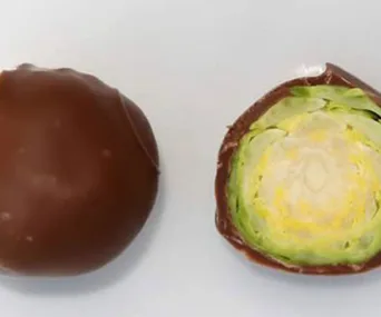 Chocolate-covered Brussels sprout, one whole and one cut in half.
