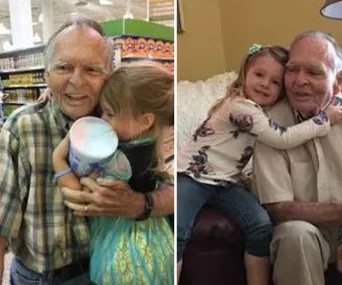 A young girl hugs an elderly man in a store and at home, both smiling warmly, showing their close bond.