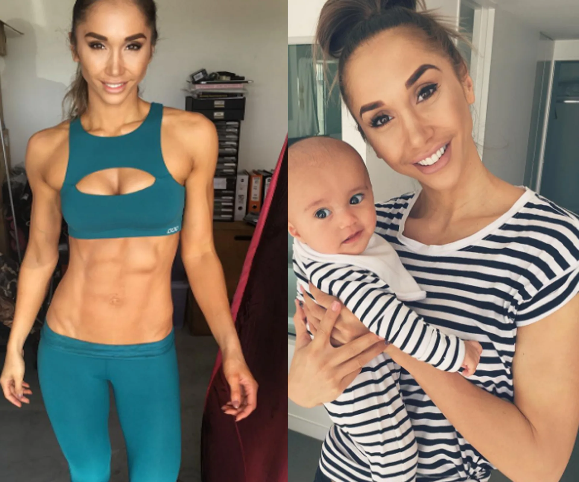 A fit woman in workout attire shows her abs; she is also pictured smiling with a baby in her arms.