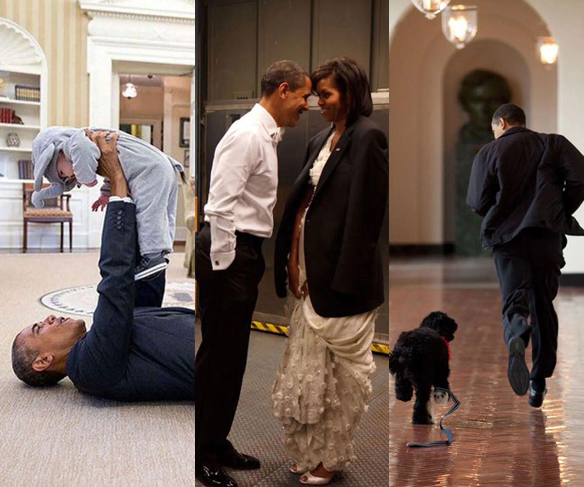Man plays with baby, shares candid moment with woman, and runs with dog in White House setting.