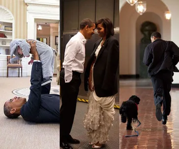 Man plays with baby, shares candid moment with woman, and runs with dog in White House setting.