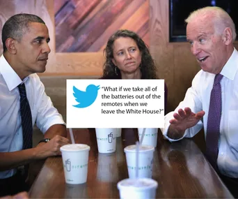 Three people at a table with milkshakes, joking tweet about taking White House remote batteries.