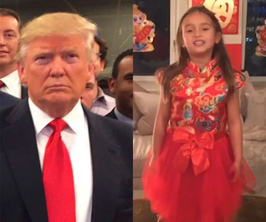 Donald Trump and a young girl in a red outfit, likely his granddaughter, side by side; she appears in a Chinese dress.