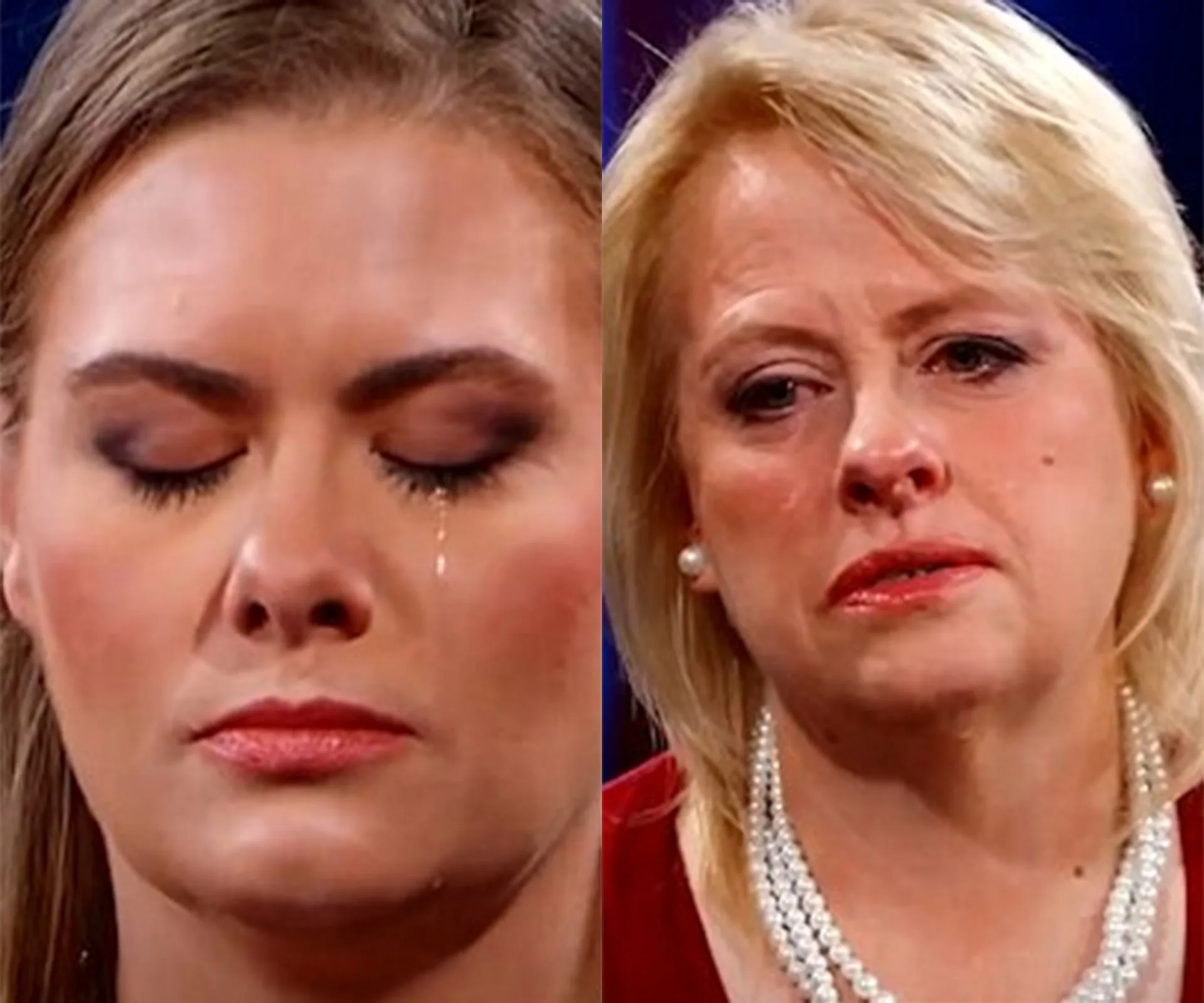 Two women crying, one with eyes closed and a tear, the other looking distressed, both in emotional distress.