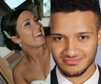 Two people smiling, a woman with dark hair and jeweled accessories, and a man with short hair in formal attire, side by side.