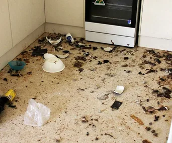 Dirty kitchen floor with broken bowls, trash, and scattered debris.