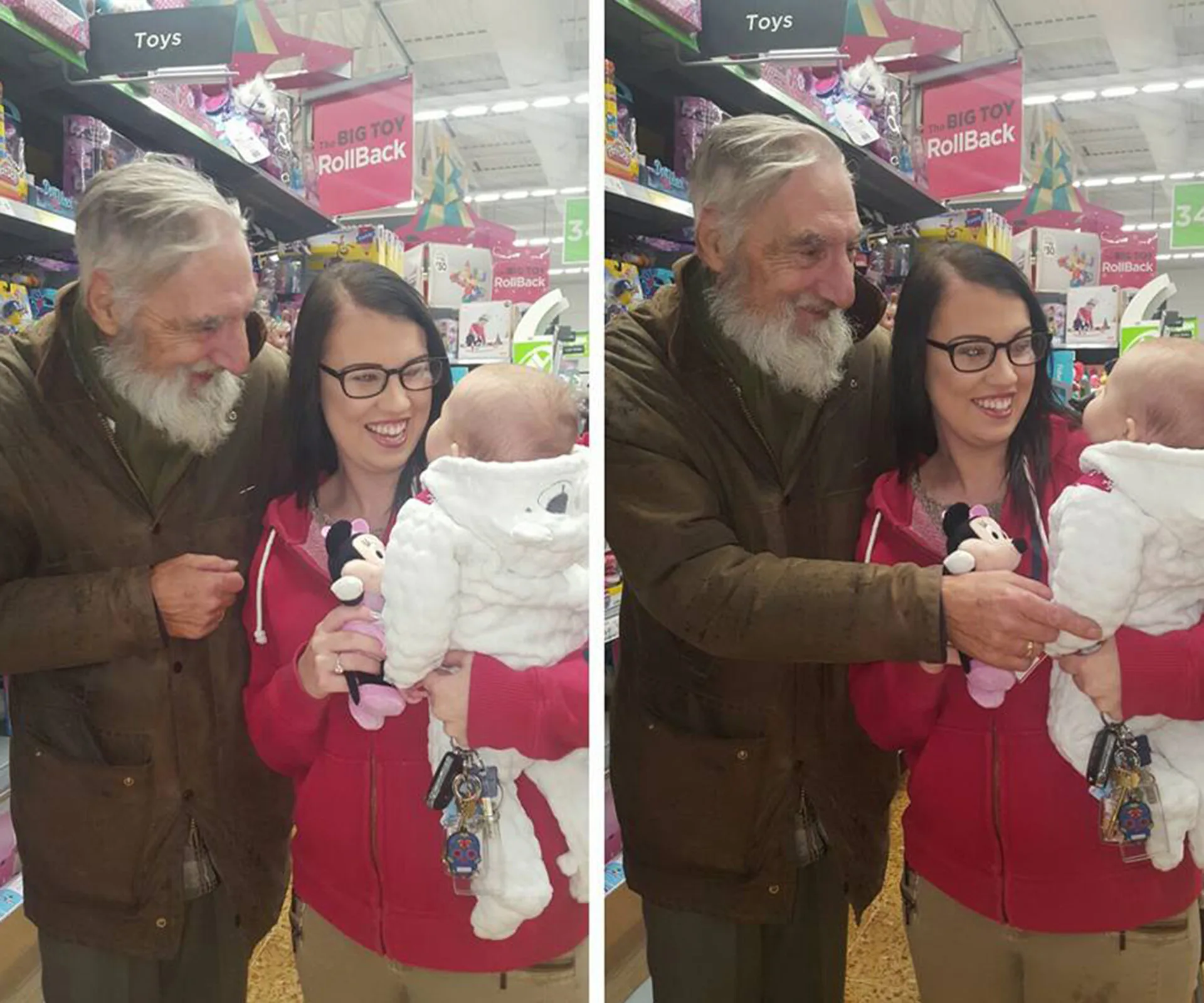 An elderly man, a woman, and a baby stand smiling together in a store toy aisle.