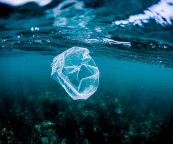 Plastic bag floating underwater in the ocean, depicting environmental pollution.