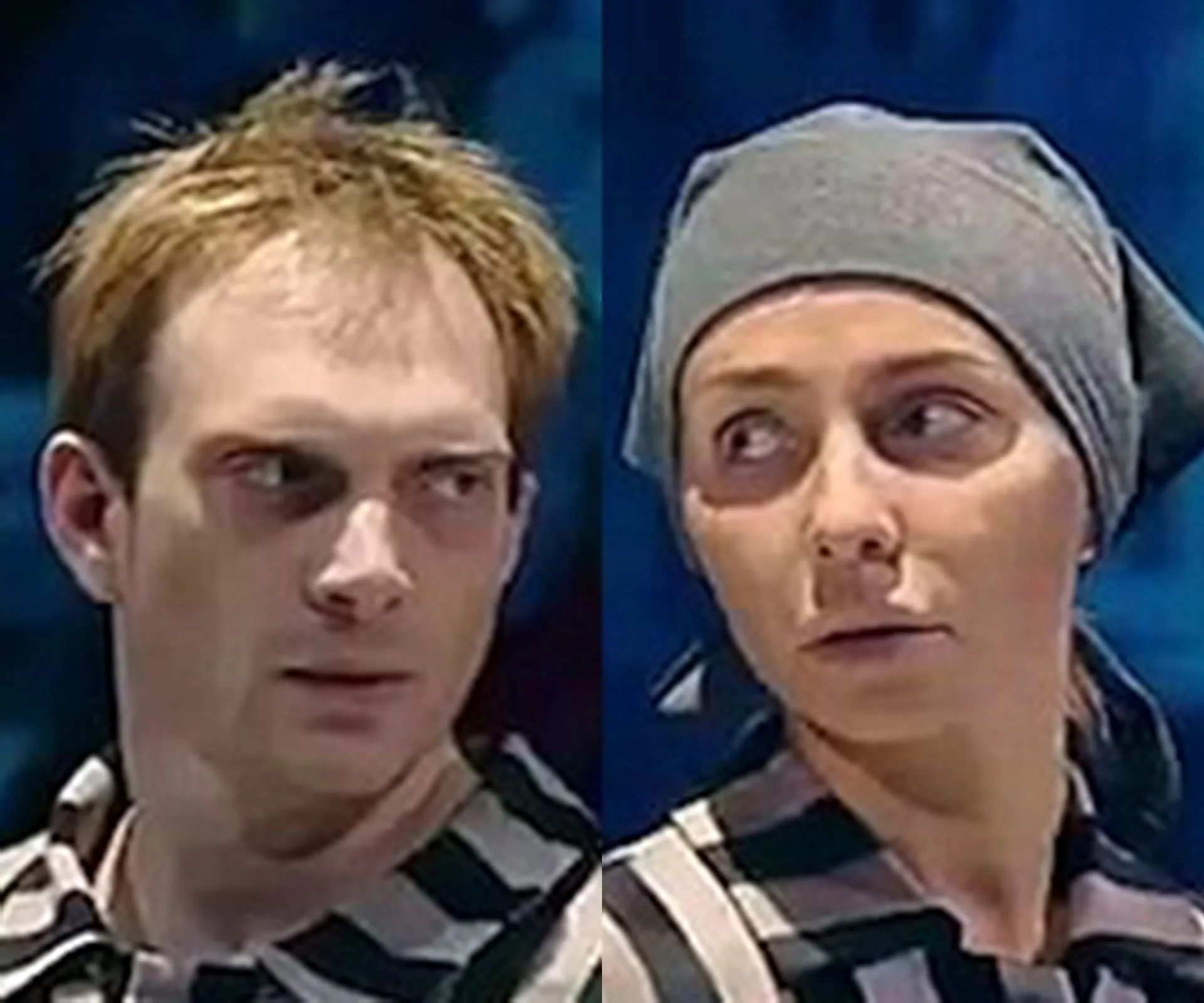 Two individuals in striped outfits and headscarf, reminiscent of Holocaust prisoner uniforms, facing each other.