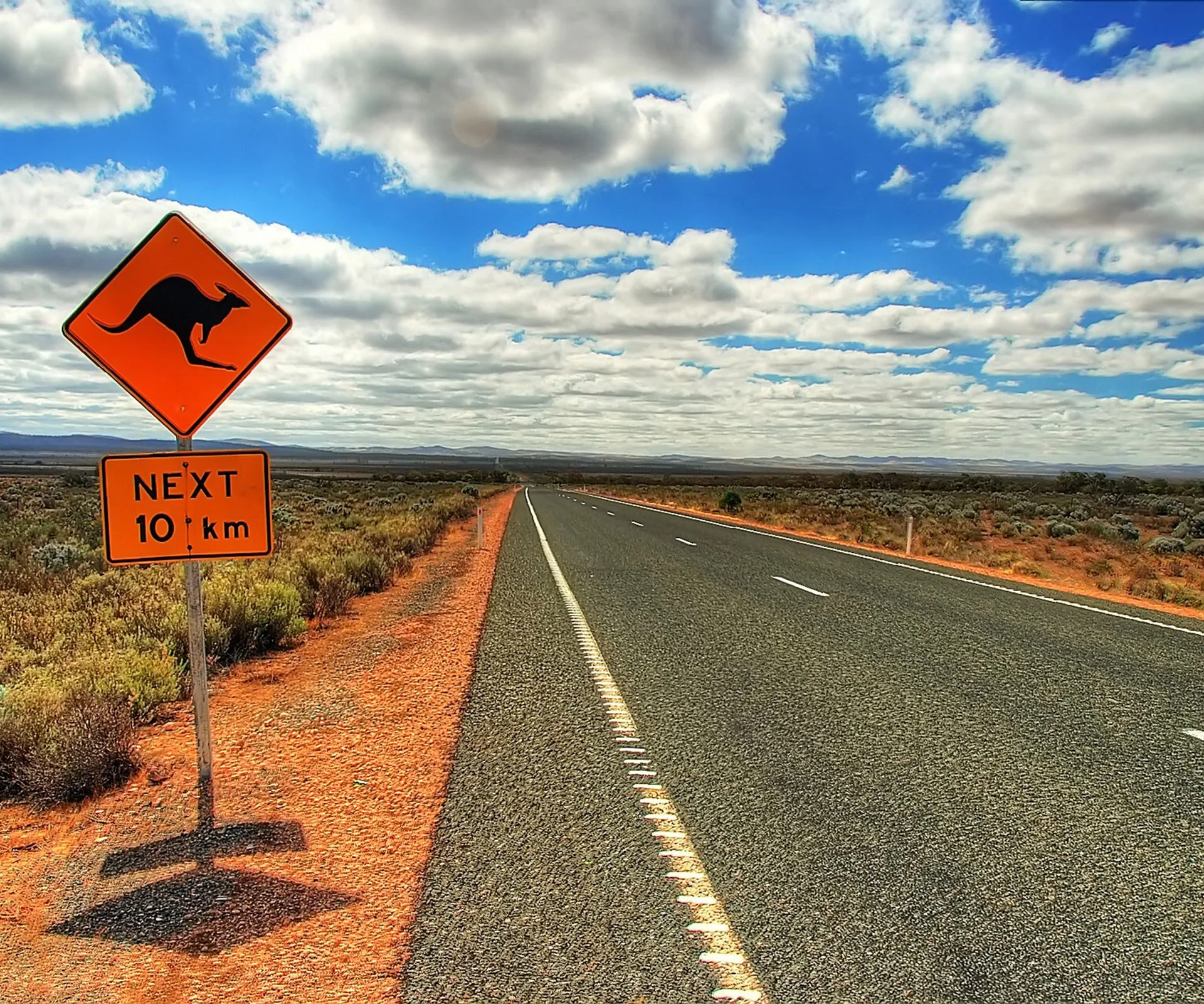 Australian outback road with kangaroo warning sign and clear blue sky.