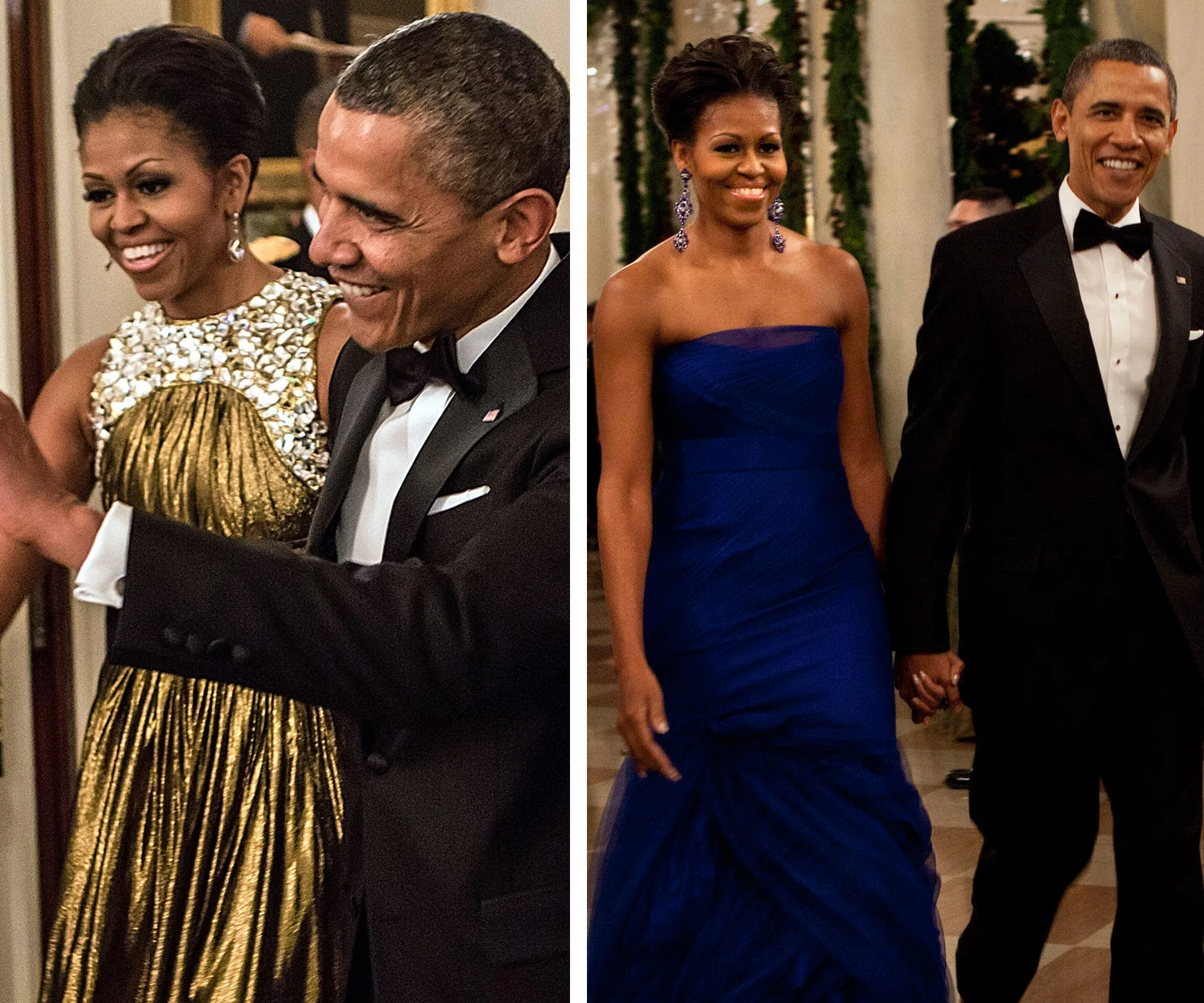 Michelle Obama wearing elegant gowns at Kennedy Center Honors events, accompanied by Barack Obama in a tuxedo.