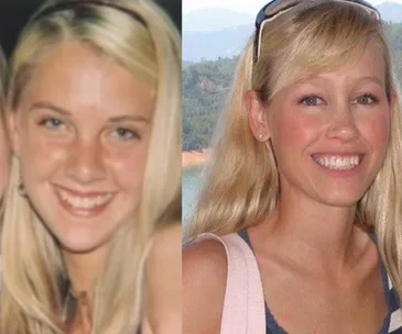 Two smiling women with long blonde hair, one wearing a dark top and sunglasses on her head.