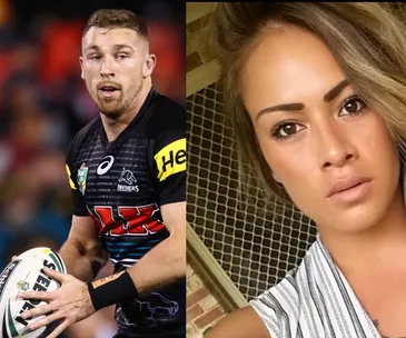 A rugby player holding a ball on the field, next to a woman with long brown hair posing indoors.