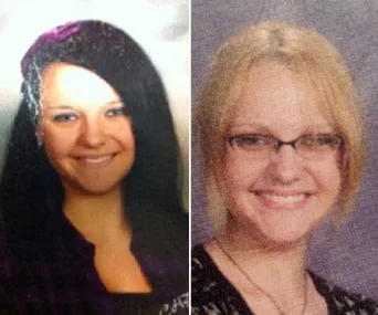 Two side-by-side portraits of the same girl, one with dark hair and the other with lighter hair and glasses.