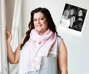 Portrait of a woman with a pink scarf, inset shows a black-and-white photo of three women smiling.