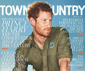 Prince Harry on the cover of Town & Country, February 2017 issue, in a green shirt with conservation mission headlines.