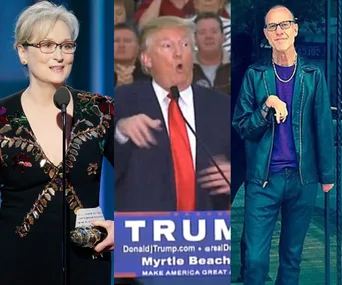 Three-panel image of Meryl Streep speaking, Donald Trump gesturing, and a man in a leather jacket.