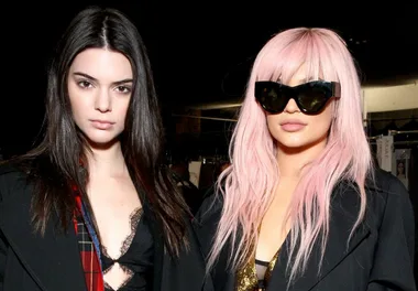 Two women posing; one with long dark hair, the other with pink hair and sunglasses.