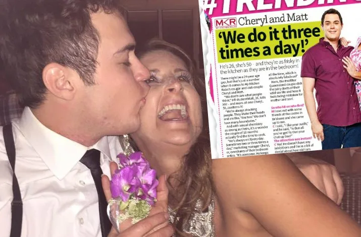 Cheryl and Matt from MKR embrace and smile, with a magazine titled "We do it three times a day" in the background.