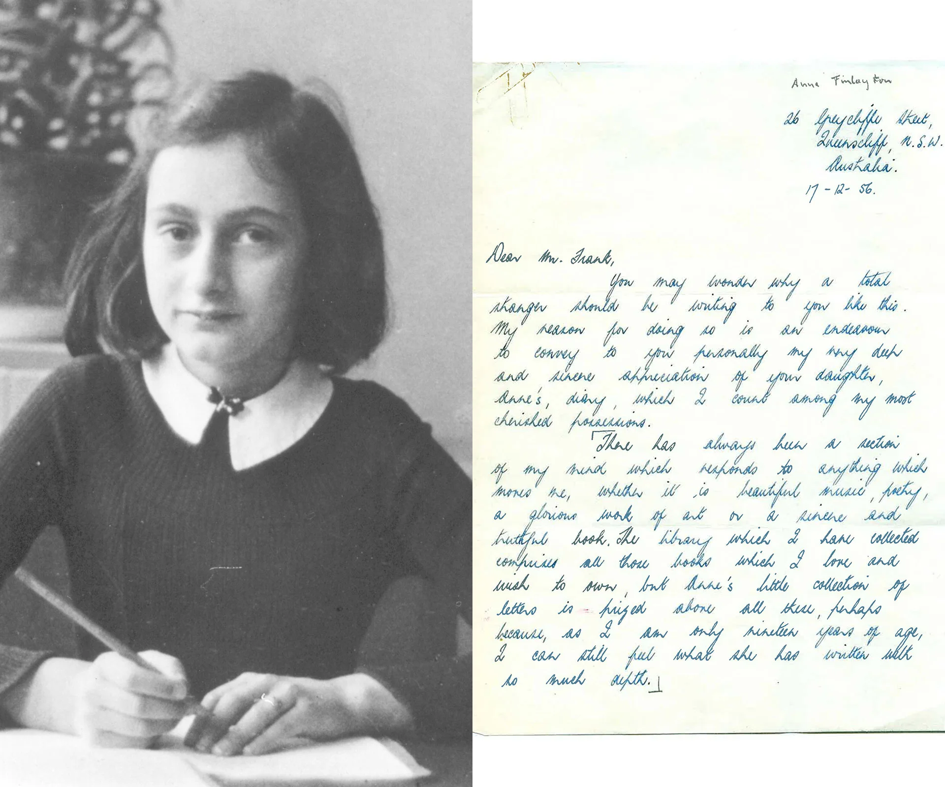 Young girl writing in a diary on the left; on the right, a handwritten letter addressed to Mr. Frank from Australia.