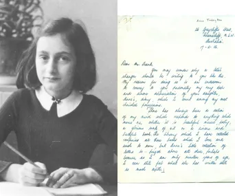 Young girl writing in a diary on the left; on the right, a handwritten letter addressed to Mr. Frank from Australia.