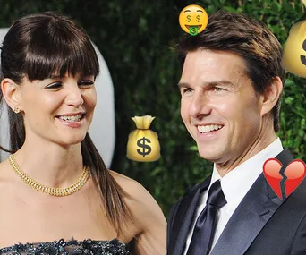 Celeb couple smiling with money bag and heart emojis, symbolizing divorce costs.