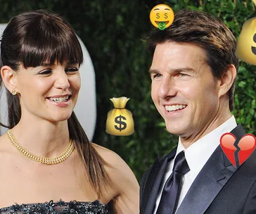 Celeb couple smiling with money bag and heart emojis, symbolizing divorce costs.