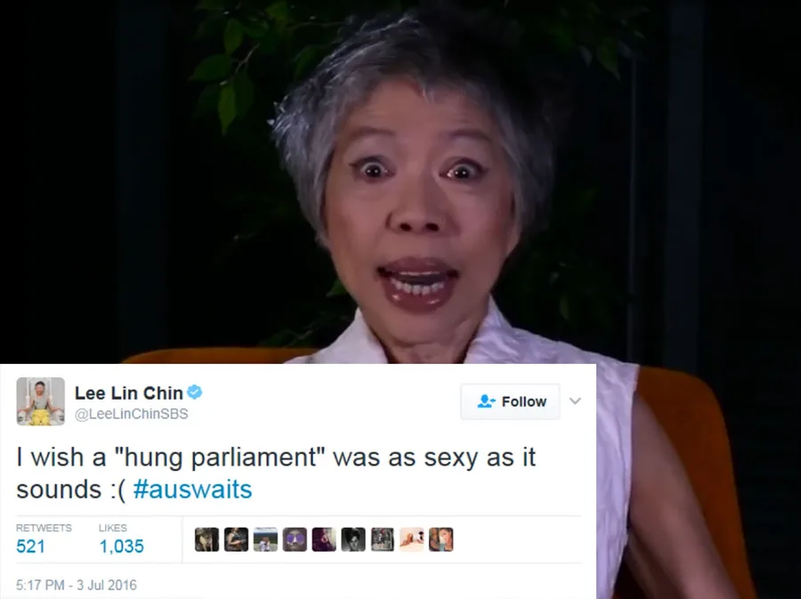 Lee Lin Chin with a humorous expression, quote tweet about "hung parliament" and "#auswaits."