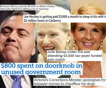 Australian politicians' controversial expenses, including helicopter flights and taxpayer-funded events.