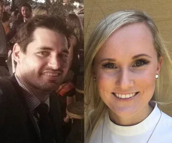 Two close-up photos side by side: man in a suit left, smiling woman in white top right.
