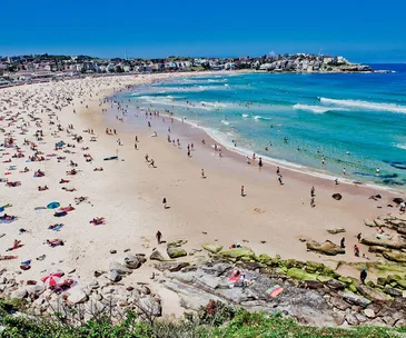 A crowded Bondi Beach on a sunny day, with people sunbathing, swimming, and playing on the sand and in the water.