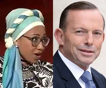 "Side-by-side images: a woman in a headscarf and glasses, and a man in a suit smiling."