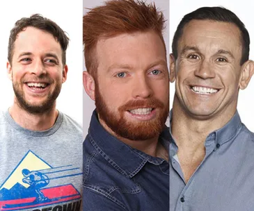 Three smiling men in a collage; one in a graphic tee, one in denim, and one in a button-up shirt.