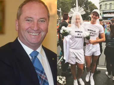 Barnaby Joyce smiling in a suit; two people at a parade in matching "Would If I Could" outfits holding flowers.