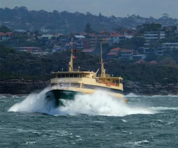 Sydney ferry navigates rough seas with coastal houses in the background.