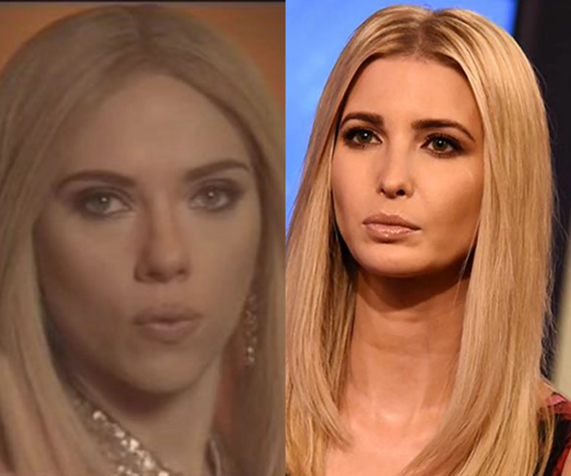 Scarlett Johansson as Ivanka Trump on SNL, wearing a glamorous dress with long blonde hair, next to a reference image.