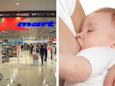 Kmart storefront with customers; baby breastfeeding close-up.