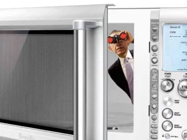 A person holding binoculars peers out from a microwave, humorously suggesting surveillance.