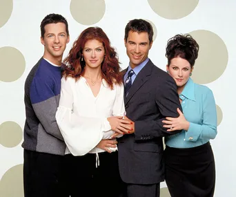 The cast of "Will & Grace" stands together, smiling, against a polka dot background.